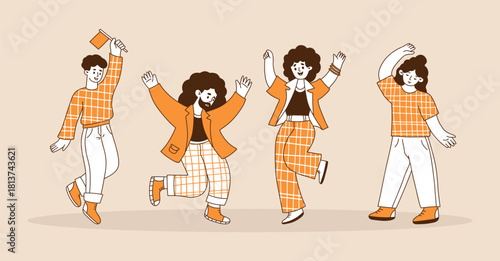 Happy Party People Dancing. Themed Celebration. Isolated Diversity Joyful Women and Men in Dance hand drawing Doodle. Vector Illustration. Not AI