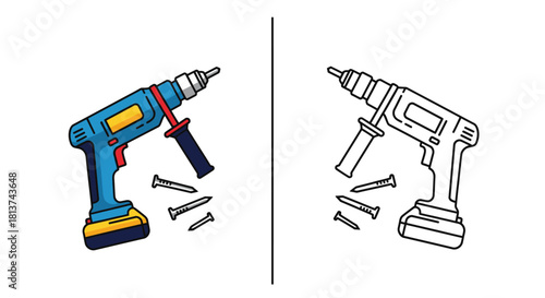 A colorful illustration of a blue and yellow power drill with nails, and its outline.