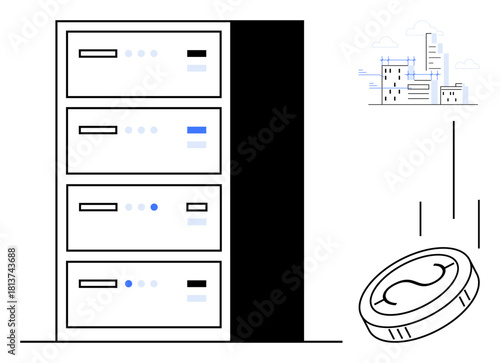 Server racks beside a falling coin and a city skyline suggest technology investment, financial growth, and digital infrastructure. Ideal for networking, finance, data storage, innovation, cloud