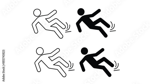 Slipping hazard icon set. Caution wet floor warning pictogram symbol of person falling. Stick figure silhouette and outline vector illustration.