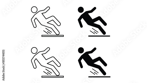 Slippery Floor Warning Sign Icon Set. Caution Wet Floor Symbol in Line and Glyph Style Vector Illustration