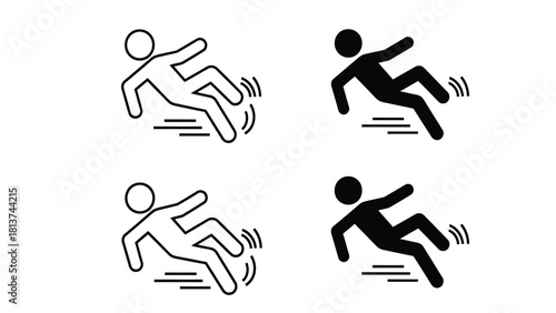 Slip and Fall Hazard Warning Icon Set. Wet Floor Danger Pictogram Vector Illustration.