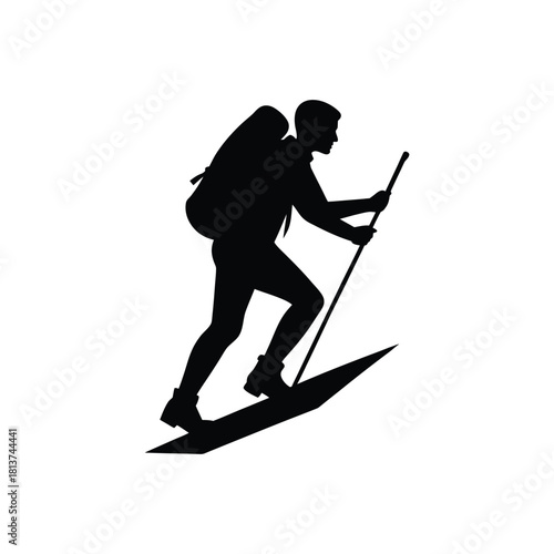 Hiker Mountaineer Climbing Uphill with Backpack and Trekking Pole Silhouette