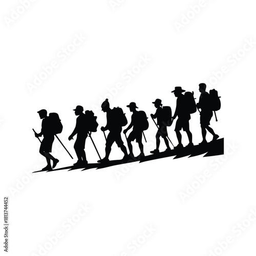 Group of Hikers Climbing Mountain Slope with Backpacks and Poles Silhouette
