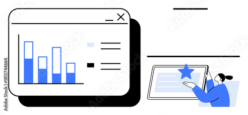 Data interface with bar chart visualization, woman interacting with tablet featuring star element. Ideal for analytics, data reporting, performance, decision-making, strategy, productivity, UX