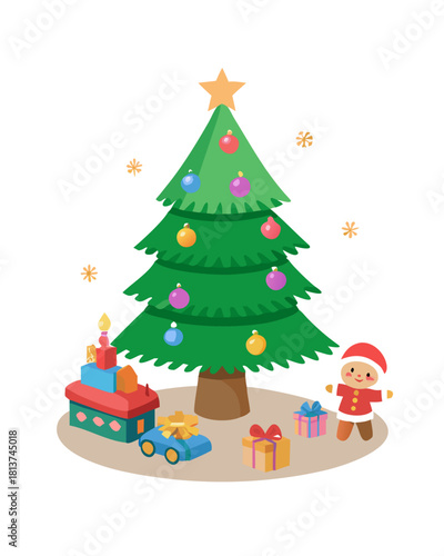 Christmas tree with toys and Santa figure on white