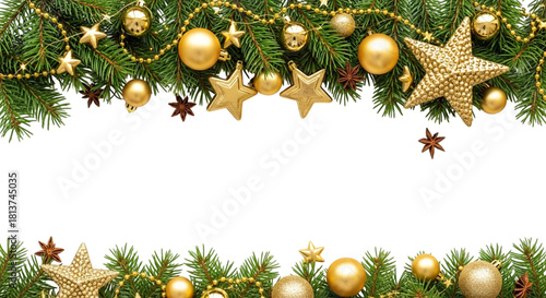 Fototapeta Naklejka Na Ścianę i Meble -  Festive border of golden christmas ornaments, shiny baubles, and star decorations on green fir tree branches isolated on transparent background for holiday design