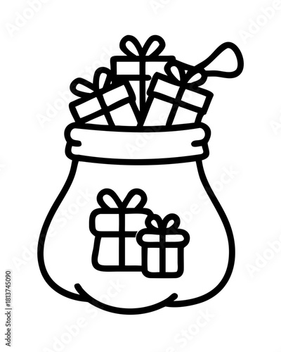 Christmas gift bag with presents in outline style