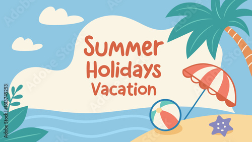 Colorful summer vacation beach scene with palm tree and text