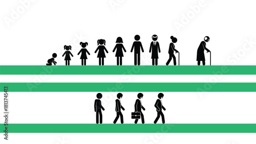 Vector illustration of the Human Life Cycle and Aging Process. Stick figures depicting demographic progression from baby/infant, child, adult, to elderly senior and professional career path.