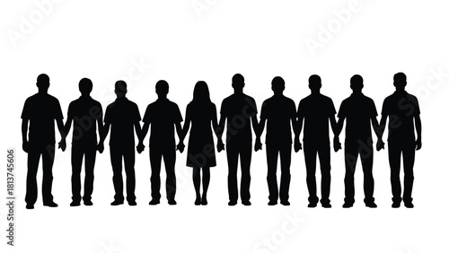Black Silhouettes of a Diverse Group of Ten People Standing in a Line Holding Hands, Representing Unity, Teamwork, and Community Spirit