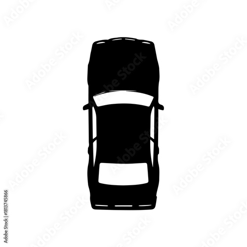 Black silhouette of a car from a top-down view for transportation and travel