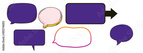 A diverse set of purple and multicolored comic style speech bubbles for expressing thoughts, dialogue, and messages