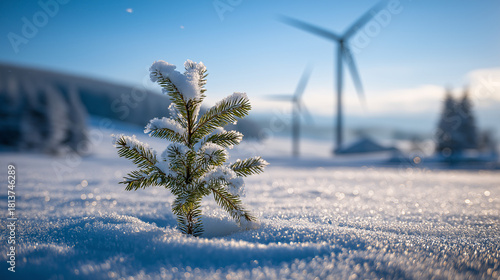 A small evergreen tree dusted with snow stands proudly in a sparkling, sunlit snow-covered field. Windmills stand in the background on a cold, clear day in Winter