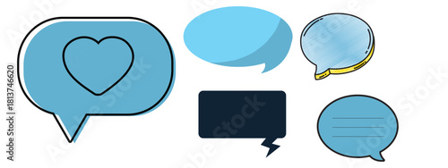 Collection of diverse speech bubbles and thought clouds, symbolizing communication, ideas, and dialogue, in various shapes and colors