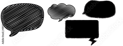 Set of hand-drawn scribble speech bubbles and dialogue balloons. A collection of black sketch comic book chat icons in various shapes