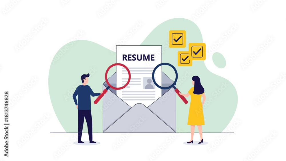 Fototapeta premium HR Team Reviewing Resume Document with Magnifying Glasses. Job Application and Candidate Selection Process Vector Illustration.