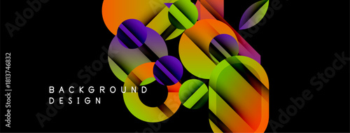 Abstract geometric shapes overlap, creating vibrant color gradients. Design features orange, purple, green hues on black background. Modern aesthetic.