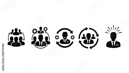 Business Management Icons Set. Team Organization, Workflow Cycle, Leadership, and Idea Generation Vector Illustration.