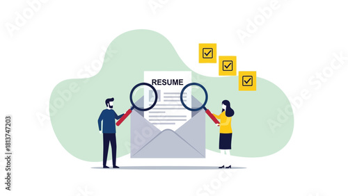Resume Review and Hiring Process Vector Illustration. HR Managers Examining Job Applications with Magnifying Glasses, Symbolizing Recruitment and Selection.