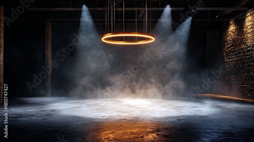 An atmospheric industrial studio space with a concrete floor, textured brick wall, and a central glowing ring light, enhanced by spotlights and wisps of smoke.