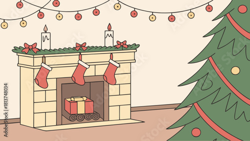 Holiday season room decor with fireplace, stockings, and tree
