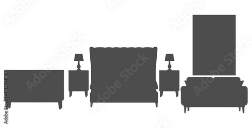 CAD Drawings. Front view silhouette furniture — bed with headboard, dresser, nightstands, sofa, shelving unit. Vector illustration.