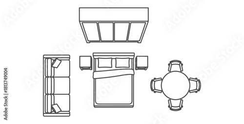 CAD Drawings. Top view furniture illustration — bed, bedside tables, sofa, dining table with chairs, wardrobe. Vector illustration.