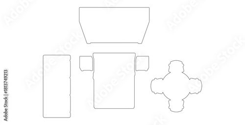 CAD Drawings. Top view outline furniture illustration — bed, bedside tables, sofa, dining table with chairs, wardrobe. Vector illustration.