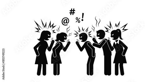 Angry group of stick figures arguing and shouting at each other. Vector illustration of workplace conflict, bullying, disagreement, or social dispute with swearing symbols.