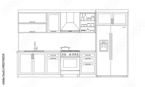 Modern kitchen architectural CAD drawing — front elevation, cabinets, countertop, stove, fridge, upper shelves, minimalist linework. Vector illustration
