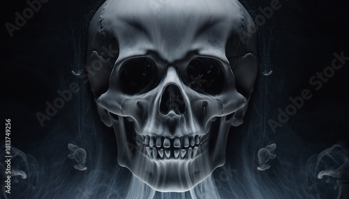 Skull, an Ethereal Vision Emerging from Dark Smoke, Illuminated by Tiny Particles, a Mysterious Digital Art Render.