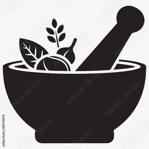 Black and white icon of a mortar and pestle with herbs and spices