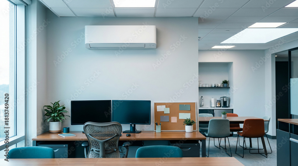 Fototapeta premium Contemporary Office Interior Design with Clean Workspaces, Comfortable Seating, and a Bright, Productive Environment