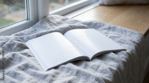 Blank Book with Empty Pages Lying Open on a Soft Grey Blanket, Resting on a Wooden Window Sill in Natural Light.