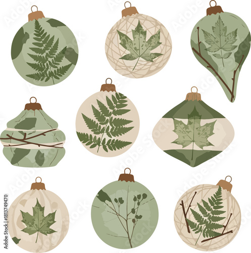 Eco-friendly Christmas ornaments with green leaves and natural elements on a white background, conveying an environmentally conscious holiday theme.