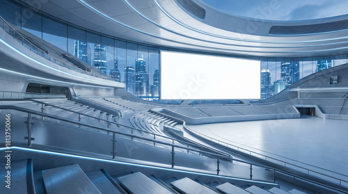 Futuristic Auditorium Interior, with a Large Blank Screen and Sleek Modern Design, Overlooking an Illuminated City Skyline at Night.