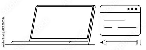 Laptop, browser window, and pencil emphasize digital design, content creation, online learning, and remote work. Ideal for business, education, productivity technology communication organization
