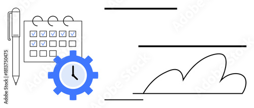 Calendar with checkmarks, pen, clock inside a gear, and cloud outline suggest organization, time efficiency, and teamwork. Ideal for productivity, planning, goal setting collaboration digital