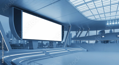 Modern Empty Stadium with a Large Blank Screen, Featuring Futuristic Architecture and a City Skyline Background