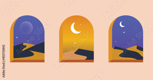 Set of minimalist moroccan scene, windows in a view of the desert and moon