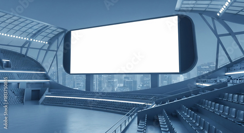 Modern Empty Arena, Featuring a Huge Blank Screen Ready for Advertising or Event Content, Overlooking a Night City Skyline