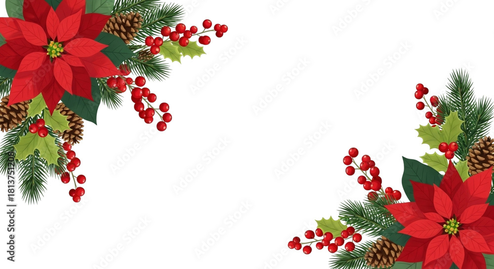 Obraz premium Festive corner border design with red poinsettia flower, green pine branch, holly berry, and pinecone decoration isolated on transparent background for christmas holiday greeting card