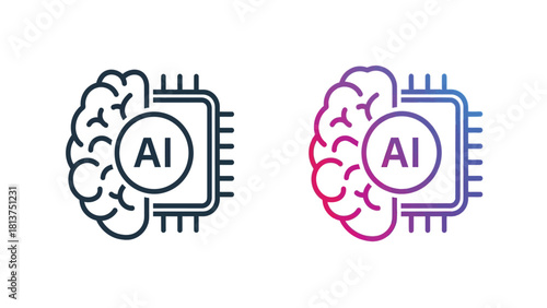 Artificial Intelligence (AI) Icon Set: Brain and Microchip Symbolizing Machine Learning and Digital Processing Technology