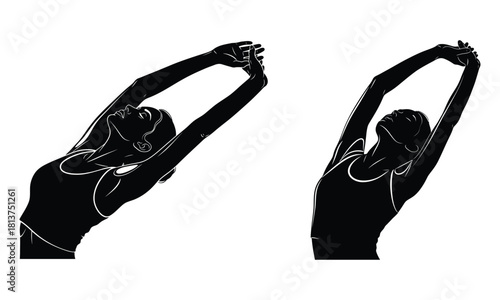 Female silhouettes stretching arms overhead, full body stretch