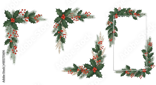 Set of four beautiful christmas corner border elements made of holly leaf, pine branch, and red berry decoration, isolated on transparent background