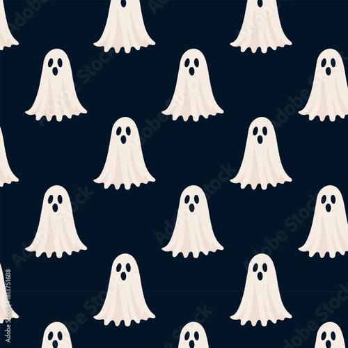 Seamless Halloween pattern with cute white ghosts on dark background. Spooky flat vector design for holiday decoration, fabric, gift wrap, wallpaper.