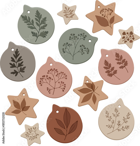 Collection of eco-friendly Christmas ornaments in earthy tones featuring botanical designs on a clean white background.