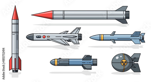 Assortment of Military Missiles, Rockets, and Bombs Detailed Vector Illustrations for Global Defense, Attack Systems, and Advanced Weaponry Technology Concepts