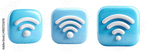 Three Dimensional Blue and White Wifi Signal Icons Showing Different Strength Levels 3D Wireless Internet Connection Symbol Set Isolated on White Background